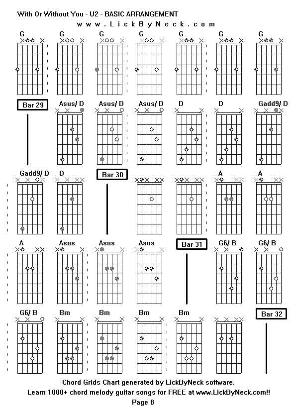 Chord Grids Chart of chord melody fingerstyle guitar song-With Or Without You - U2 - BASIC ARRANGEMENT,generated by LickByNeck software.